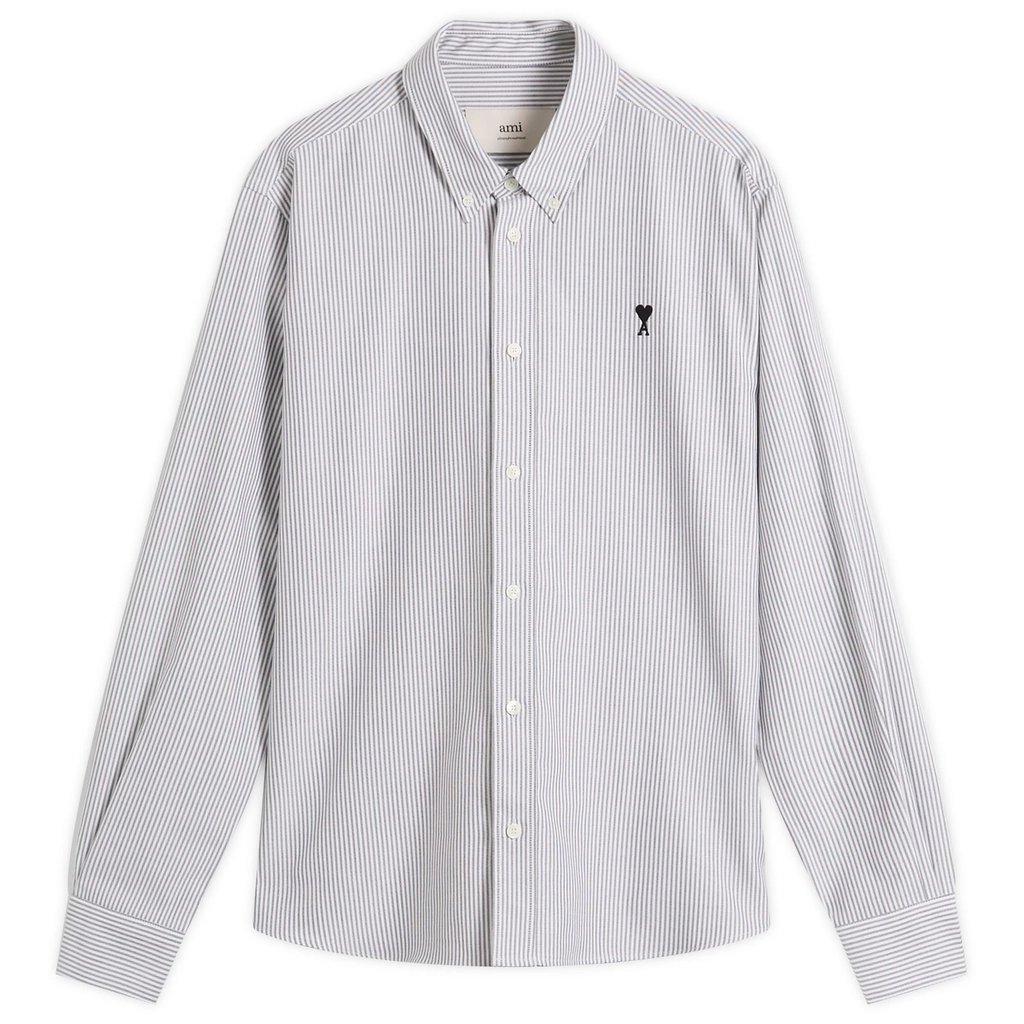 AMI Paris Men's Striped Cotton Oxford Classic Shirt Noir / Blanc Naturel